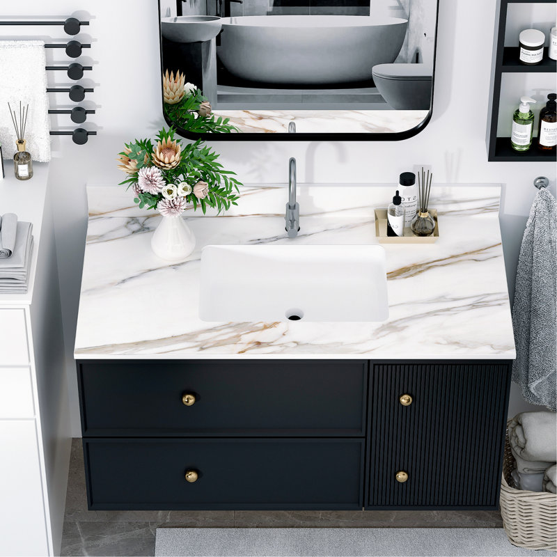 Plateau de meuble-lavabo 43 po - Marbre blanc avec veines fascinantes, lavabo rectangulaire, dosseret de 4 po, trou de robinet pré-percé, armoires compatibles 42 po x 21 po, convient aux armoires l 42 po x P 21 po