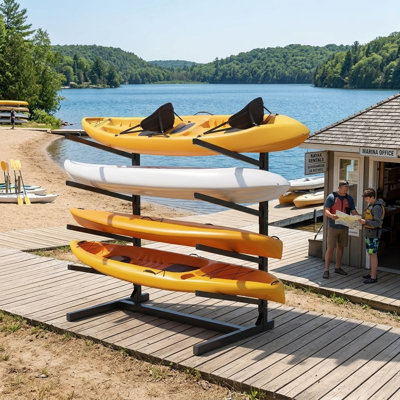 80‘’ H 4-Tier Kayak Storage Rack, Freestanding Steel Watercraft Storage Stand with Adjustable Shelves & Lockable Wheels for Outdoor, Garage & Dock