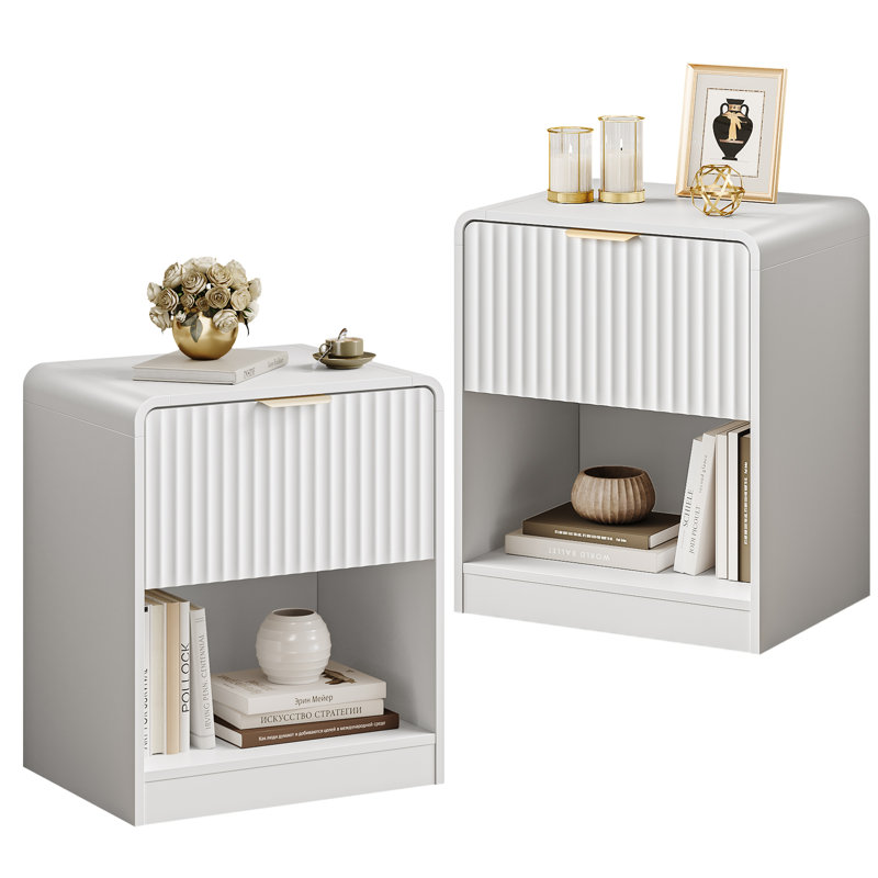 23.6” Tall Modern End Table With Large Drawer And Shelf, Nightstand Set With Gold Handle, White