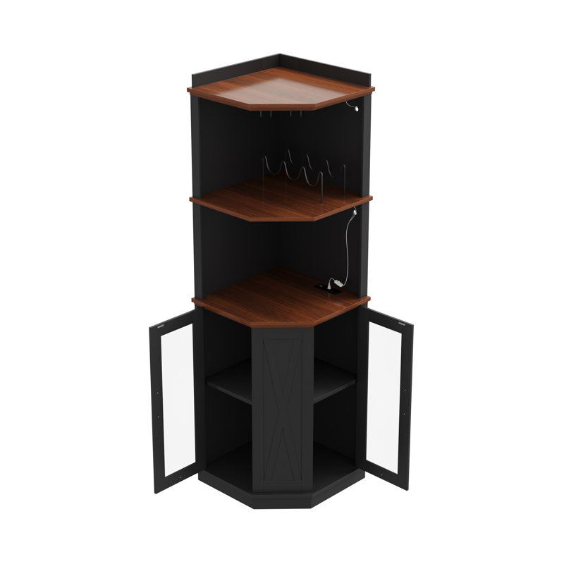 Bar d'angle 67,3 "avec prise de courant, lumières et support en verre, Noir