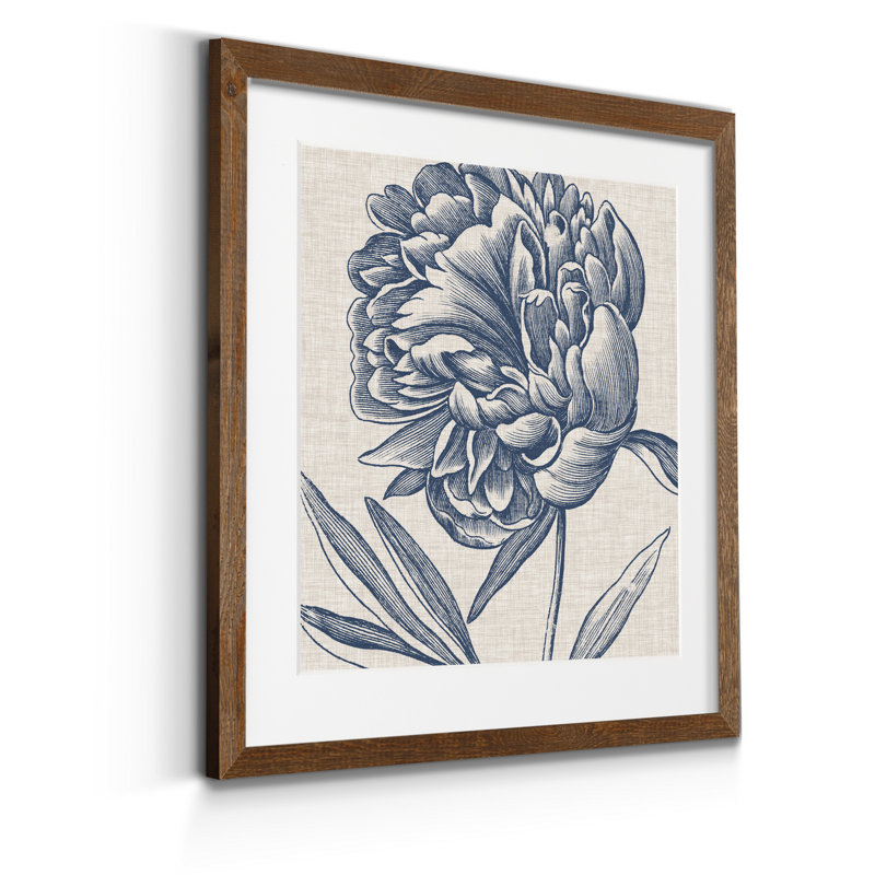 " Indigo Floral On Linen II - Premium Framed Print - Ready To Hang ", Framed Print with Mat, 31.5" H x 31.5" W, Maple