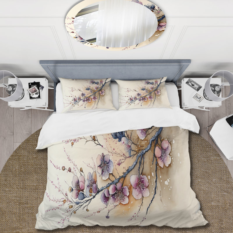 Ensemble de housse de couette rose et prune cerisier en fleurs, Housse de couette pour grand lit et 2 taies décor