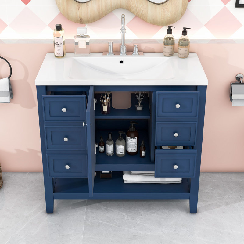 Meuble-lavabo avec une armoire et trois tiroirs, Bleu