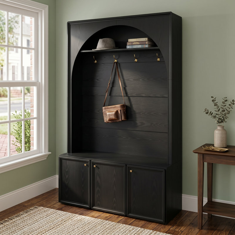 Arched Hall Tree With Storage Bench And 3-Door Shoe Cabinet, Anti-Tip Kit Included, Adjustable Shelves, Black