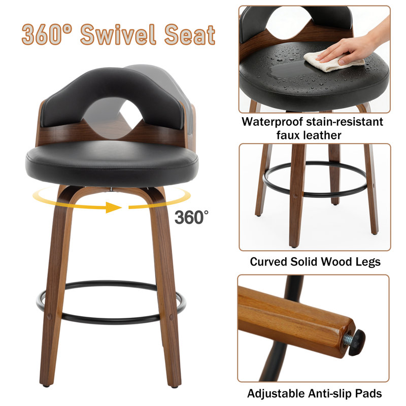 Leona Wooden Faux Leather Stools, Counter Stool (25.2” Seat Height), Black