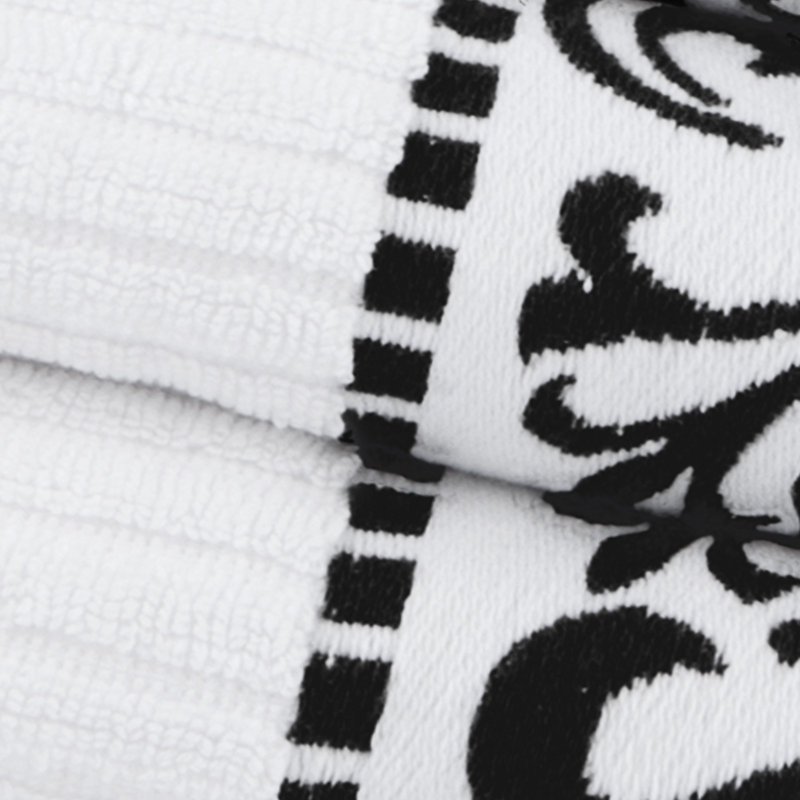 Ensemble de serviettes 8 pièces à bordure moyenne 100% coton à motif floral Athens, Blanc / noir