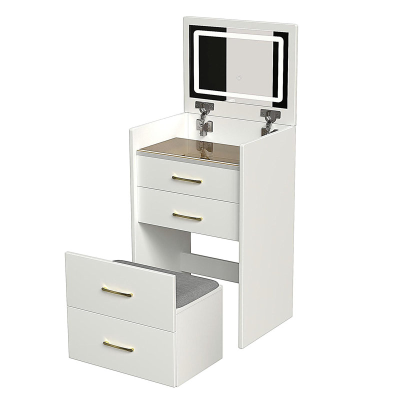 Bureau de coiffeuse 3 en 1 avec miroir ouvert, petit ensemble de coiffeuse avec bureau en verre visible, coiffeuse de maquillage compacte avec 3 tiroirs, coiffeuse pour chambre à coucher