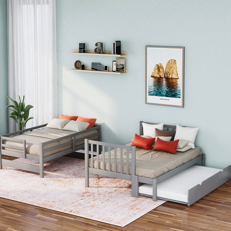 Lit simple superposé au dessus d'un lit double avec lit gigogne simple (gris) (VIEUX SKU: LT000025AAE-1), Gris