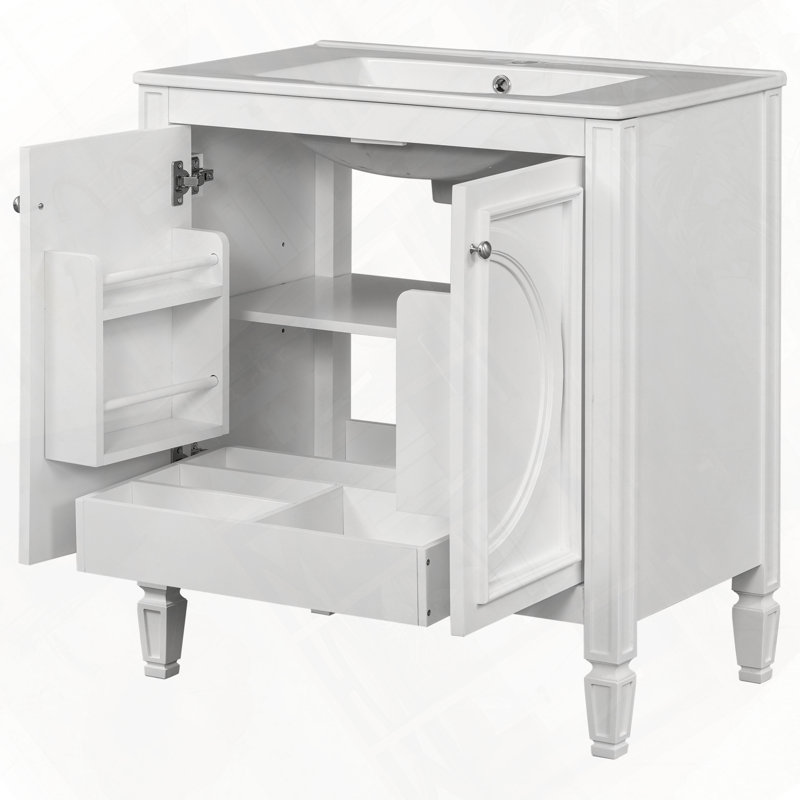 Meuble-lavabo de salle de bain avec lavabo, deux portes avec tablette, charnières de porte à fermeture douce, tablette ajustable à un tiroir de style rétro