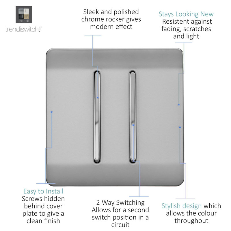 Trendi Switch 2 Gang 1 or 2 way Rocker Light Switch, Steel