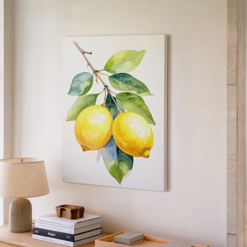Minimaliste, branche de citron, aquarelle, fruit, aquarelle, art mural, toile prête à accrocher, H 20 po x l 20 po