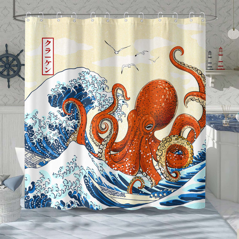 Funny Ocean Octopus Shower Curtian for Bathroom Waterproof Fabric Bath Curtain Sets with Hooks 72''×72''