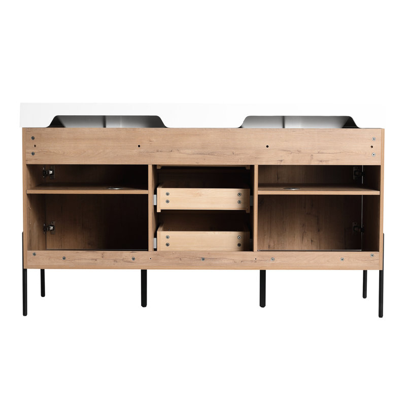 Armoire de salle de bain autoportante de 60 po avec lavabo double blanc, 2 armoires à fermeture douce et 3 tiroirs, conception ergonomique, finition grattée et à l'eau, idéale pour les portes de meuble-lavabo en résine, grand espace de rangement contemporain,