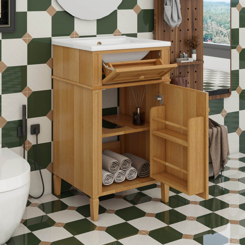 Petit meuble-lavabo de 20 po avec lavabo, lavabo autoportant doux avec porte à fermeture, tiroir inclinable et tablette réglable, poignées en bois