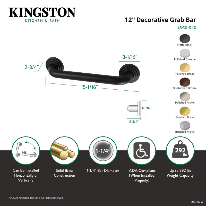 Kingston Brass Restoration 1-1/4 Inch O.D Grab Bar, 12" W, Oil Rubbed Bronze