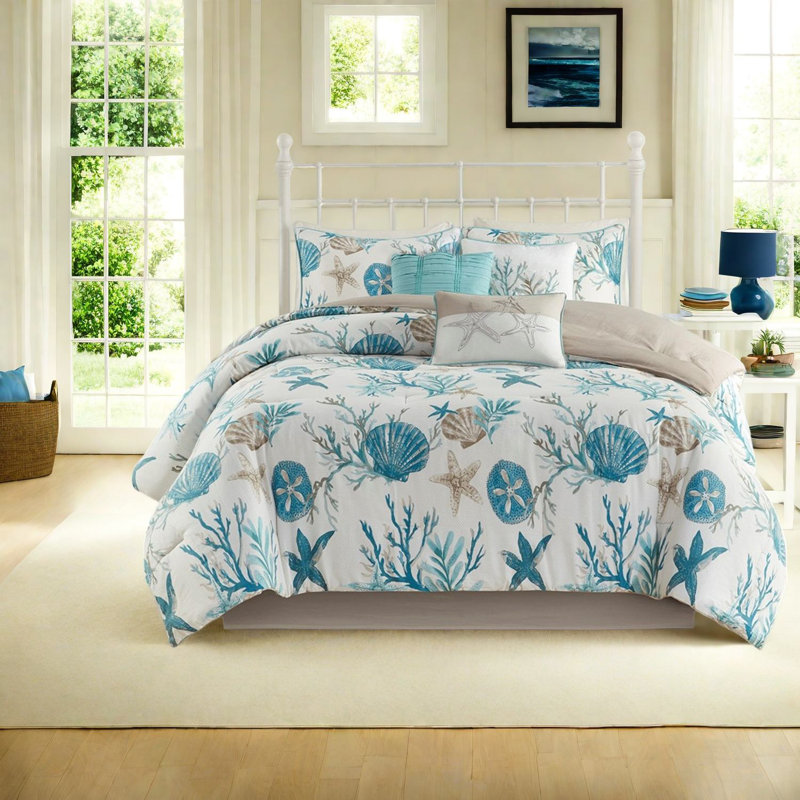 Elegant Queen Aqua Bedding Sets, Cotton Sateen Coastal Design