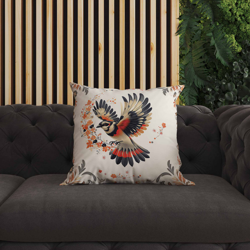 Coussin intérieur / extérieur Blaze Bird, Noir / rouge / orange, Carré 16 po
