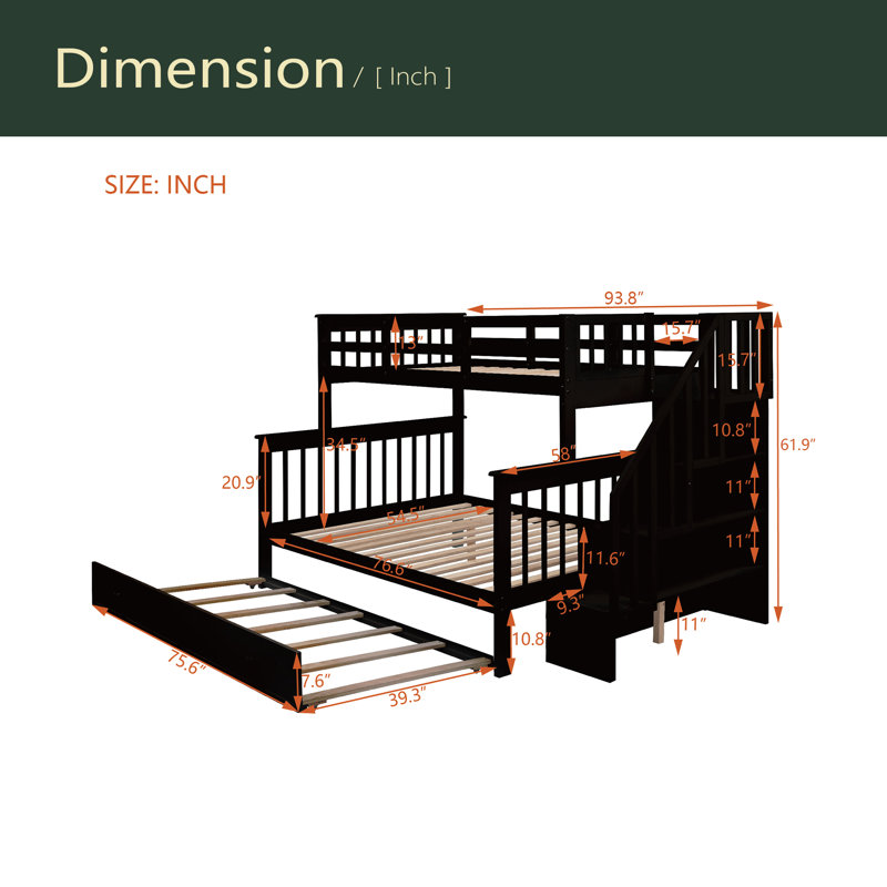 Lit superposé simple au-dessus d'un lit double avec lit gigogne simple, rangement et barrière de sécurité pour chambre à coucher, dortoir, pour adultes