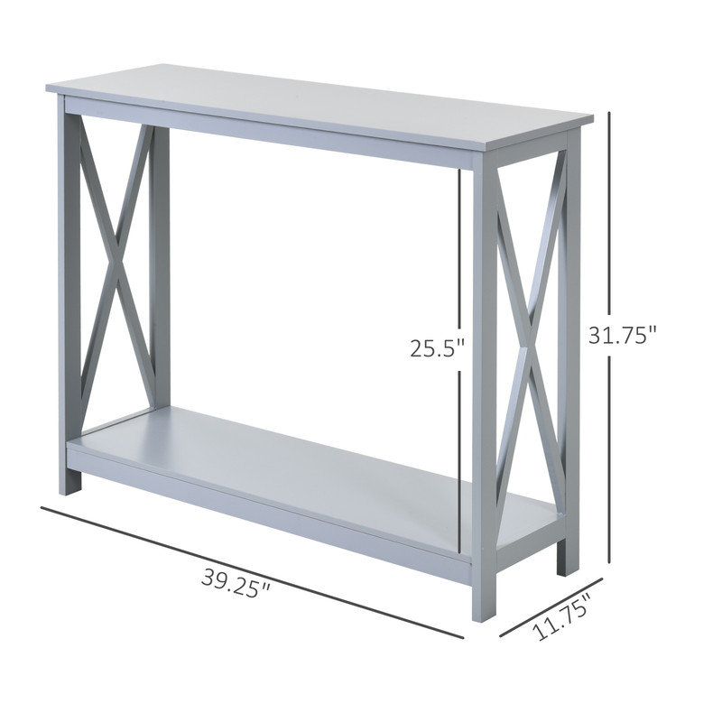 Rectangle 2-Tier Console Table with side X Design, Sofa Side Table with Storage Shelf
