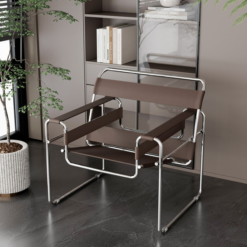 Fauteuil d'appoint en cuir et acier inoxydable, Similicuir brun