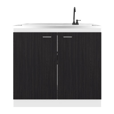 Évier utilitaire à impression noir et blanc avec robinet intégré, poignées en métal pour armoire autoportante, pour impression de robinet de cuisine, garage, rangement spacieux, deux tablettes intérieures