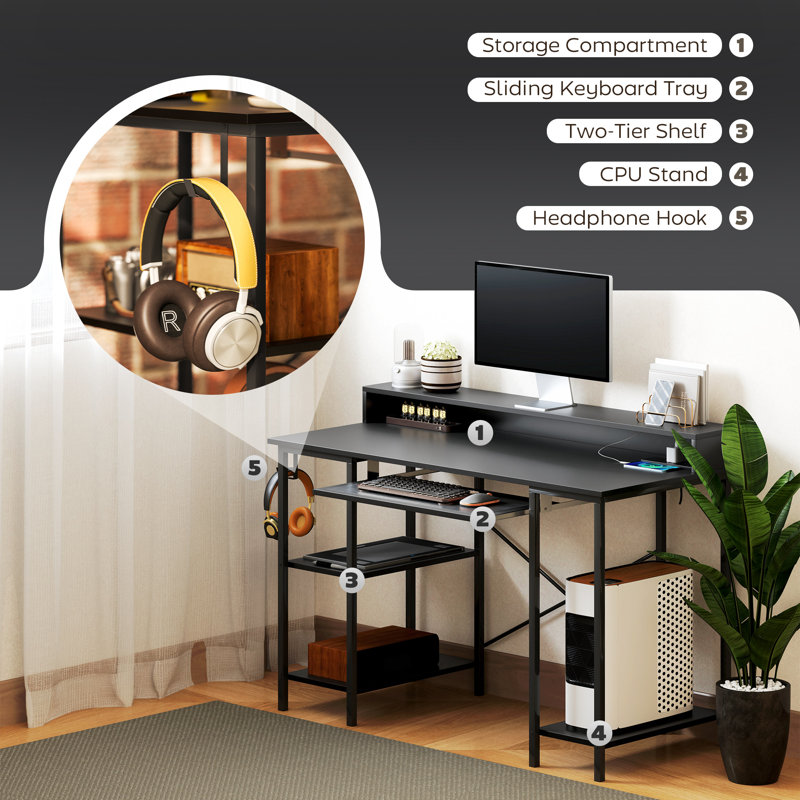 Metal Base Computer Desk with Power Outlet, Black
