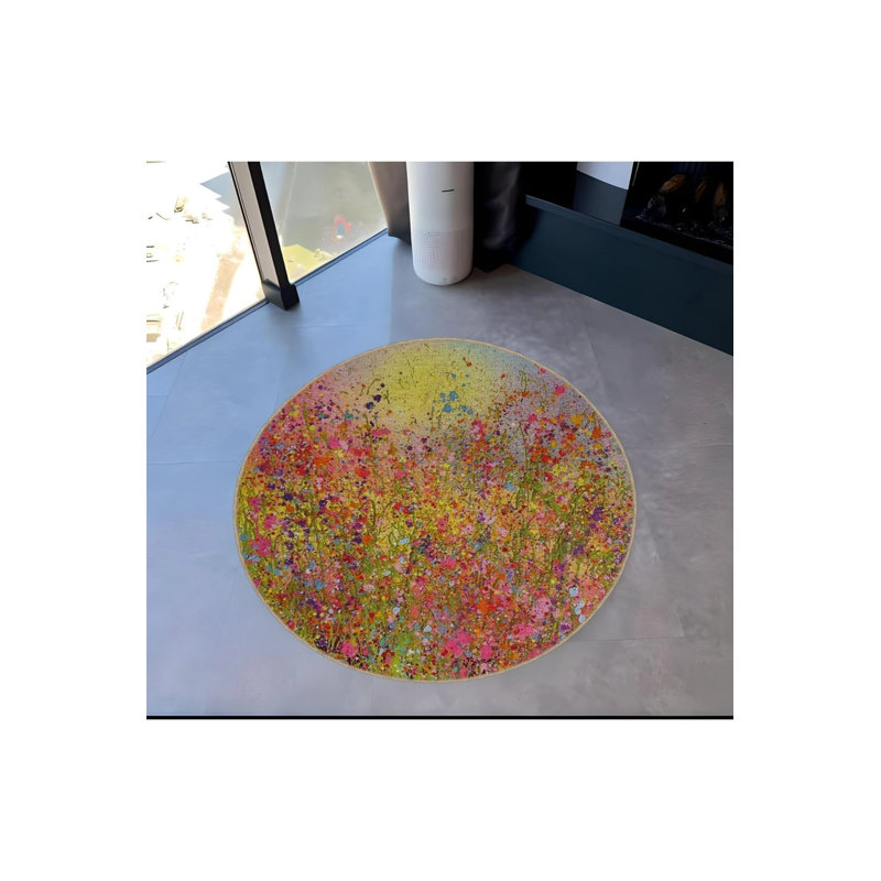 Pastel Theme Mixed Flowers Patterned Round Woven Base Modern Decorative Carpet, Round 2'8"