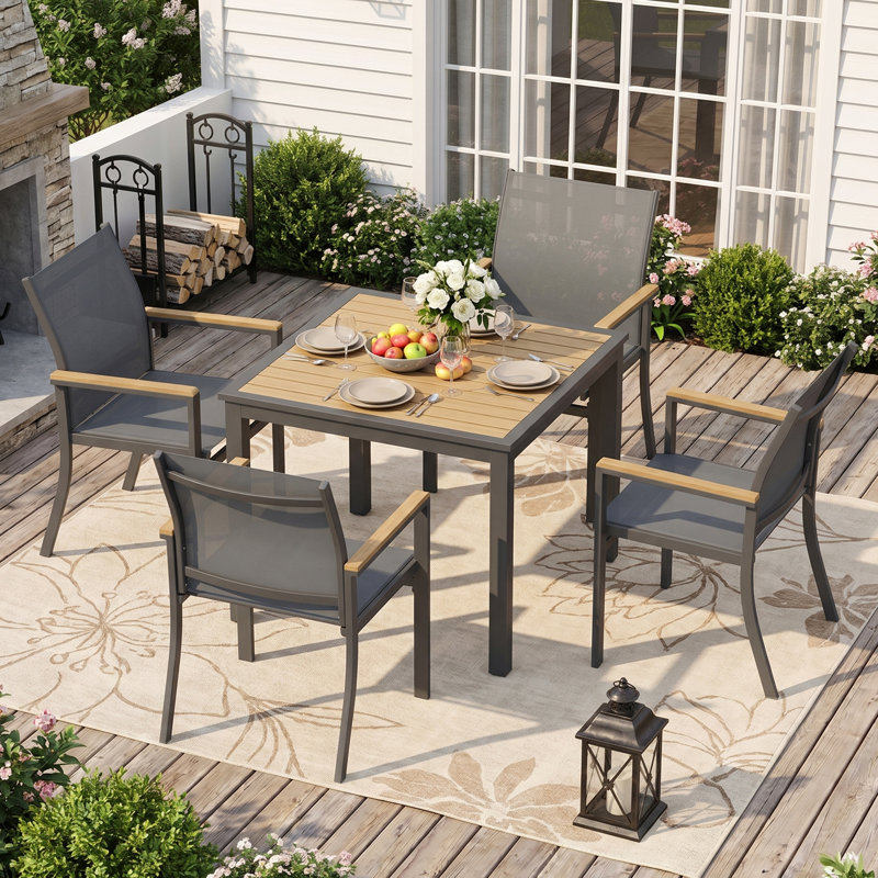 Ensemble de salle à manger 5 pièces en aluminium Abshire, table et chaises d'extérieur pour 4 personnes avec plateau HDPS carré, ensemble repas pour patio toutes saisons