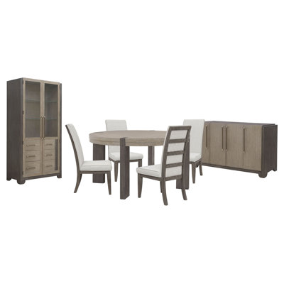 Inzillo Round Dining Table With 4 Upholstered Side Chairs Sideboard And China Cabinet