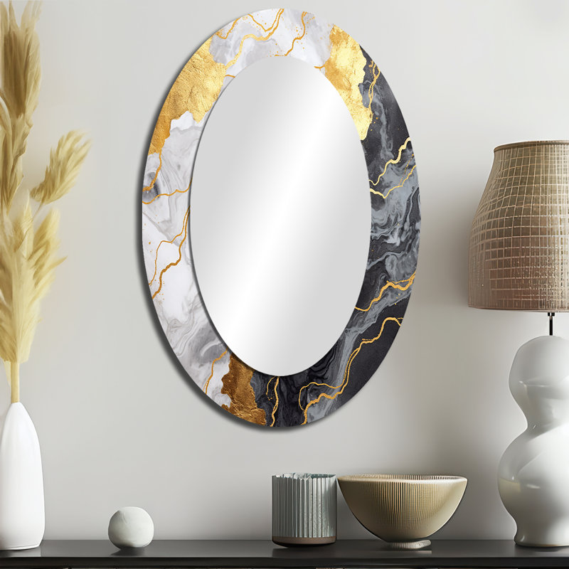 Doré et gris abstrait marbre Mirage III - miroir mural ovale moderne, 36 po x 24 po