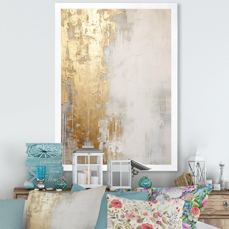 «Minimal Gold and Beige Abstract River III - Northern Lights», reproduction d'art murale, H 40 po x l 30 po, Blanc