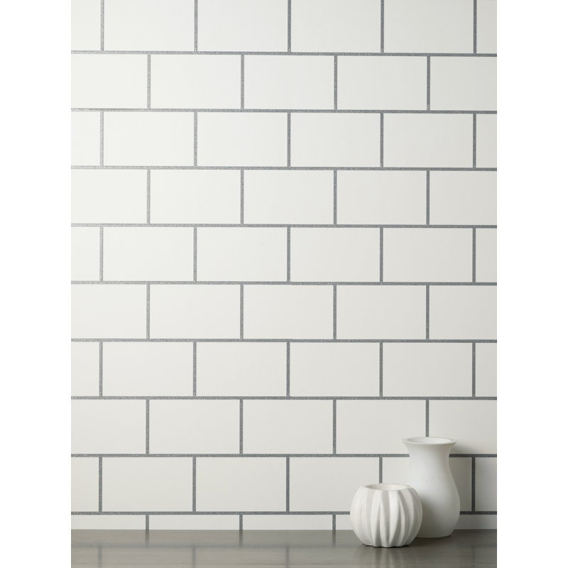 Metro Tile White Silver Wallpaper