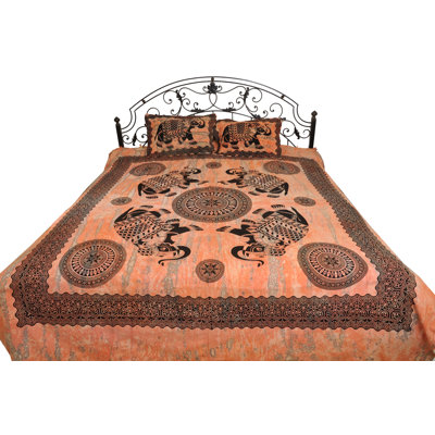Coral Sands Batik Cotton Sheet – Hand-Dyed Boho Bedspread with Sacred Elephant & Chakra Mandala Print for Yoga Room or Eclectic Bedroom