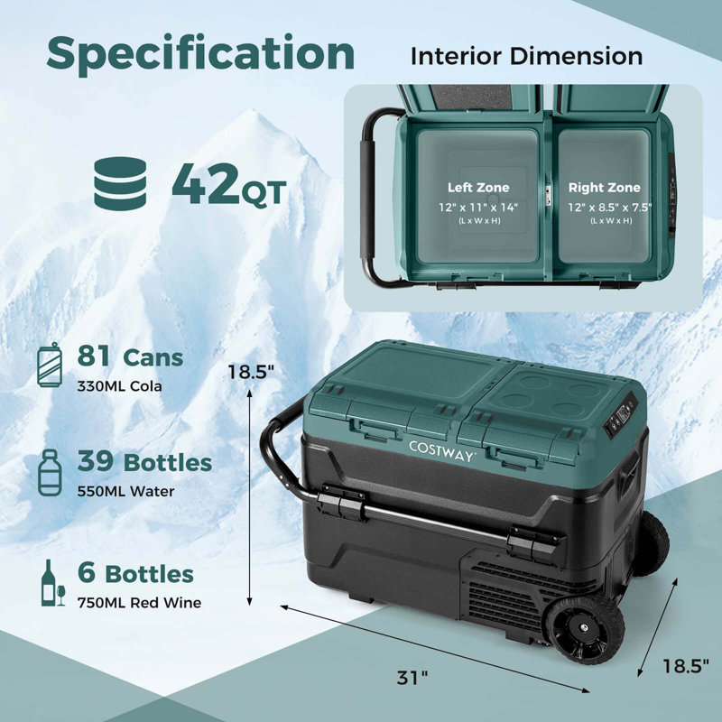 Costway Dual Zone 12v Car Refrigerator 42qt Portable Compressor Fridge Freezer (-4℉~68℉) For Rvs, Green/Black
