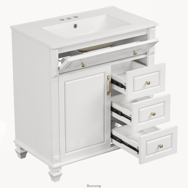 Meuble-lavabo autoportant de 30 po avec comptoir d'évier, armoire en bois massif et panneau de fibres à densité moyenne avec tiroir rabattable, 3 tiroirs et armoire de rangement, comptoir d'évier en céramique, blanc