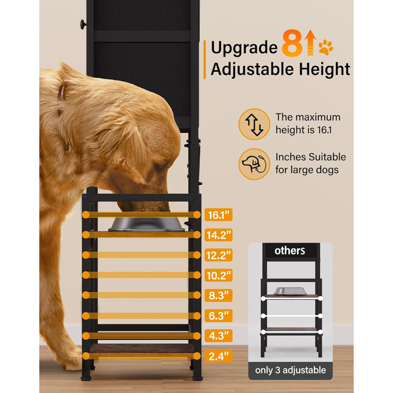 Rustic Brown Adjustable Elevated Dog Bowls with Storage Cabinet