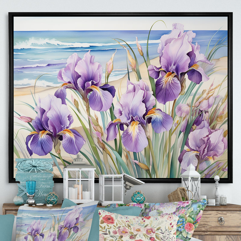 Iris mauves sur la plage sur toile, H 24 po x l 32 po x P 1 po, Cadre flottant noir