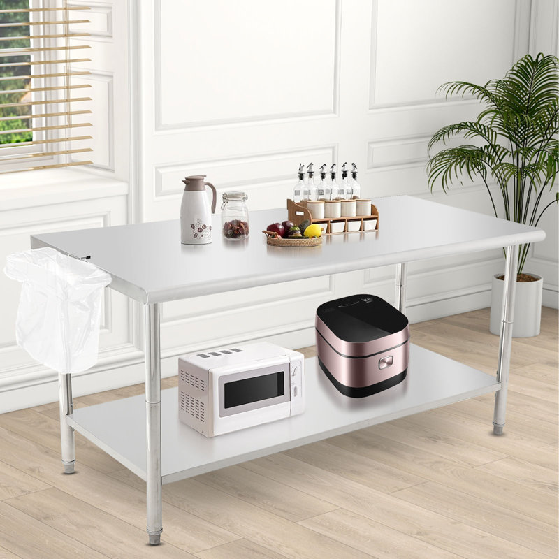 Table de préparation commerciale en acier inoxydable de 72 po x 30 po x 35 po avec tablette réglable pour dessous de cuisine, restaurant, maison, hôtel, sans roues, sans panneau arrière