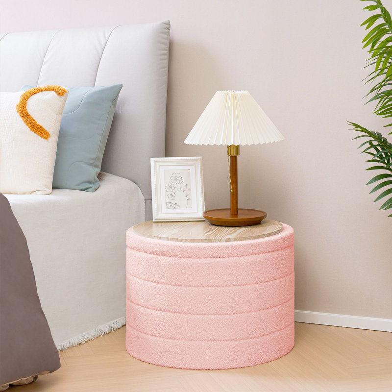 Collapsible Storage Ottoman Round with Tray Teddy Fabric Living Room Bedroom Ottoman with Storage, Pink