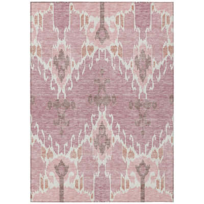 8' X 10' Blush Pink And Ivory Ikat Washable Indoor Outdoor Area Rug