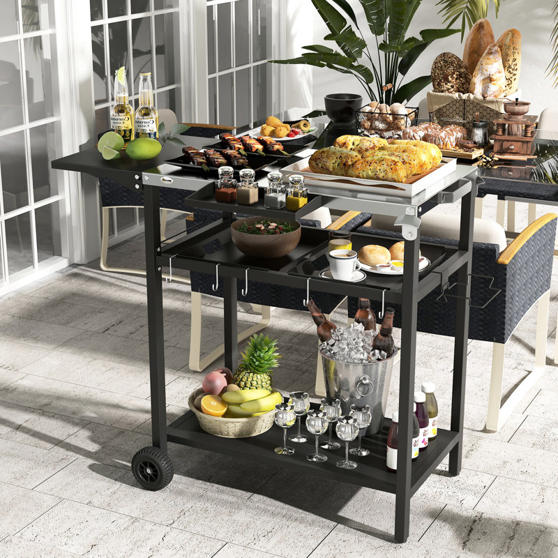 Patio Bar Cart, Stainless Steel Tabletop & 2 Layers, Paper Towel Hook Rack, Black Outdoor Kitchen Island, Tabletop, , Seasoning Shelf, Wheels, Hooks, Trash Holder,
