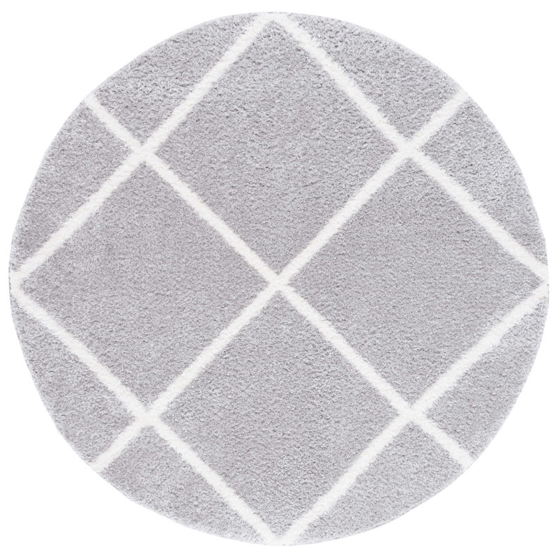 Tapis géométrique gris clair / blanc, Rond 6 pi 7 po