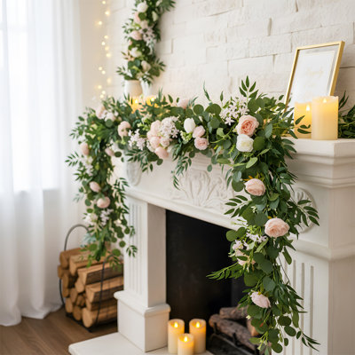 6Ft Artificial Rose Eucalyptus Garland With Flowers, Faux Greenery Decoration