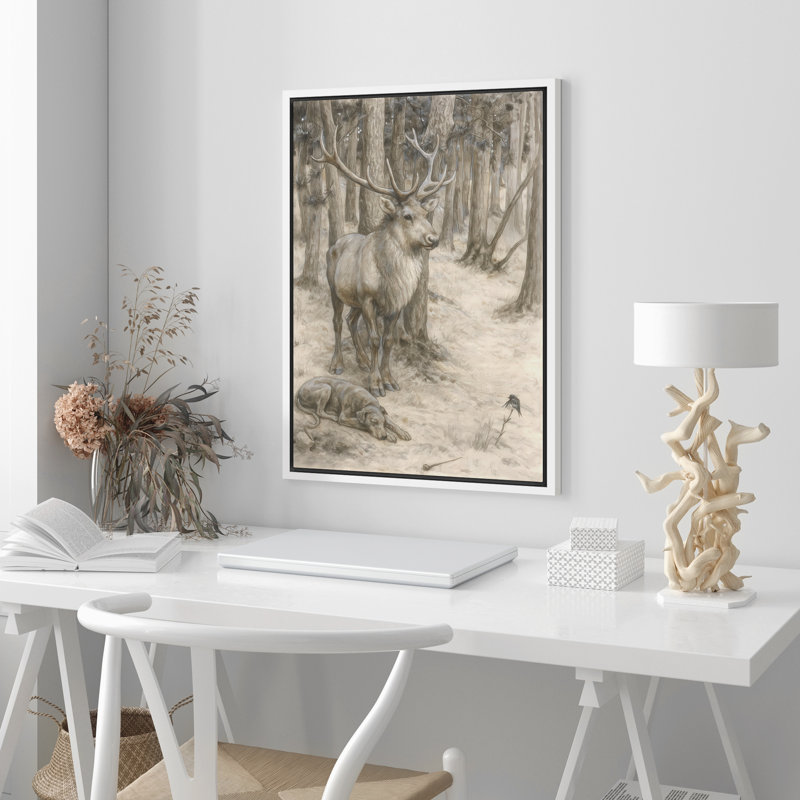 «Deer and Resting Dog in Woodland Scene», reproduction d'art sur toile encadrée dans la chambre principale, Blanc
