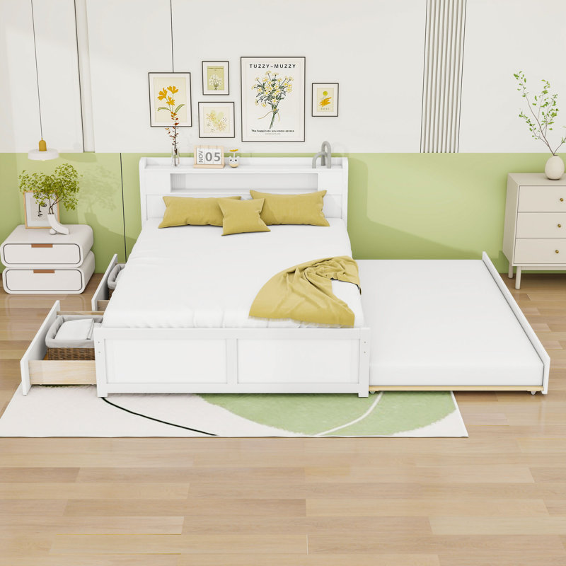 Queen 2 Drawers Wood Platform Bed with LED and Trundle, White