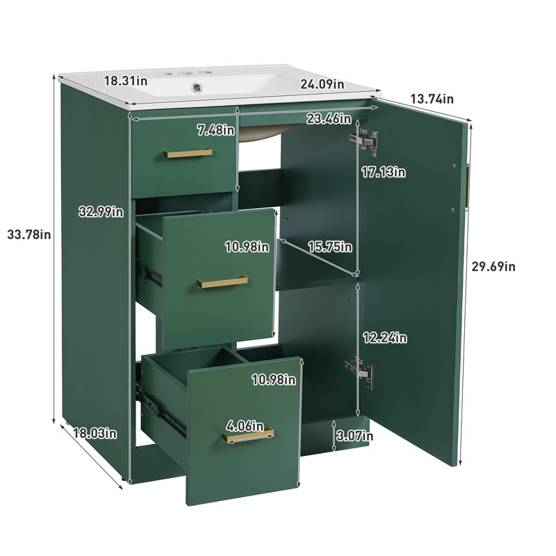 Meuble-lavabo de salle de bain avec lavabo - Armoire de rangement compacte avec tiroirs à fermeture en douceur, Vert, Or