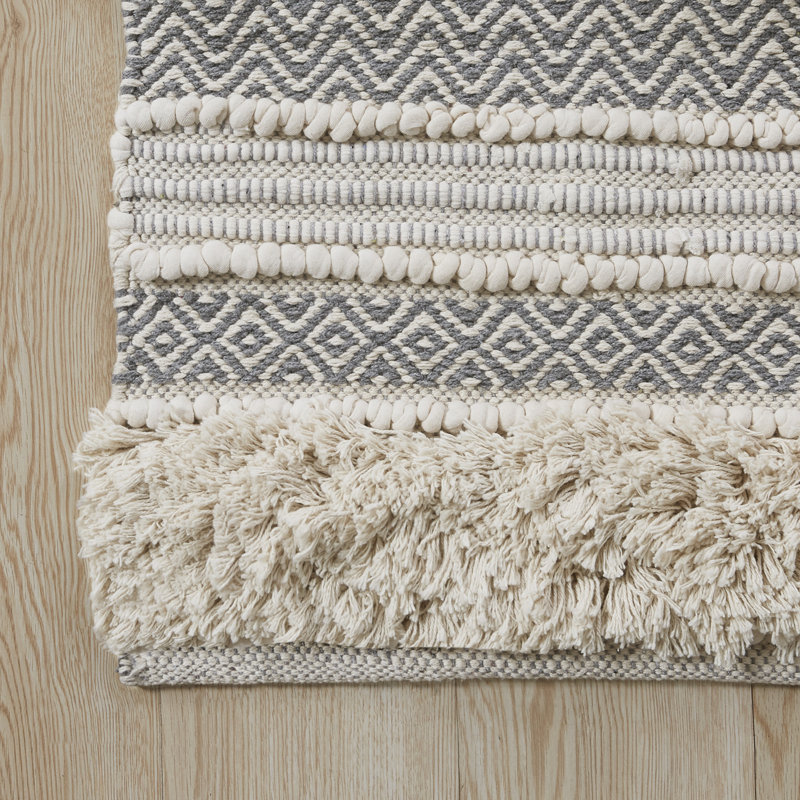 Asher Natural and Gray Cotton Blend Striped Bath Rug
