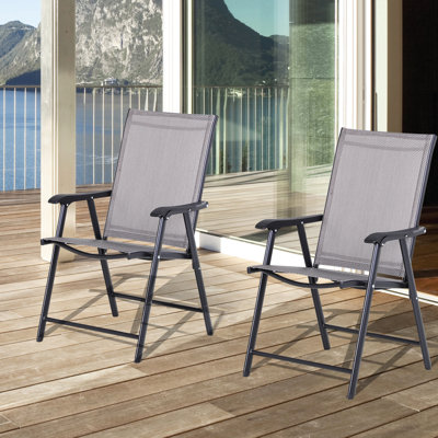 2 Folding Patio Chairs , Stackable Outdoor Sling Armrest For Lawn, Camping, Beach. Gray Metal, No Assembly, 242 Lbs Capacity Camping Gear Weight