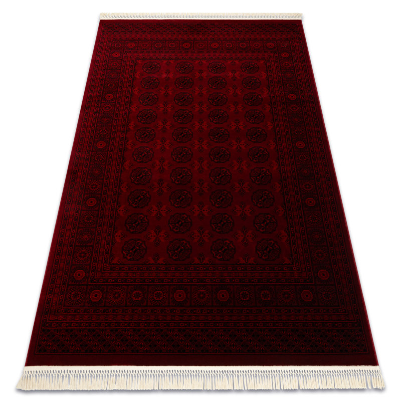 Luca 6889 – Classic Bukhara rug with fringes in burgundy & black – Lucaal rug with frame pattern, Rectangle 200 x 290 cm