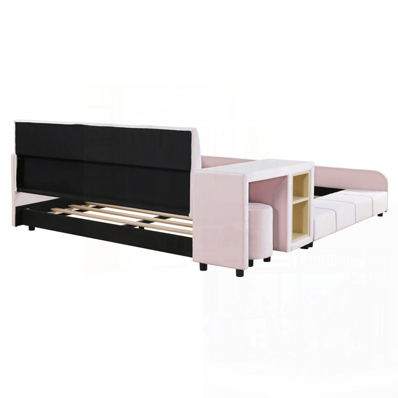 Lit double tapissier pleine grandeur avec bureau de chevet et petit tabouret rond en velours, parfait pour le confort et la fonctionnalité de la mère et de l'enfant